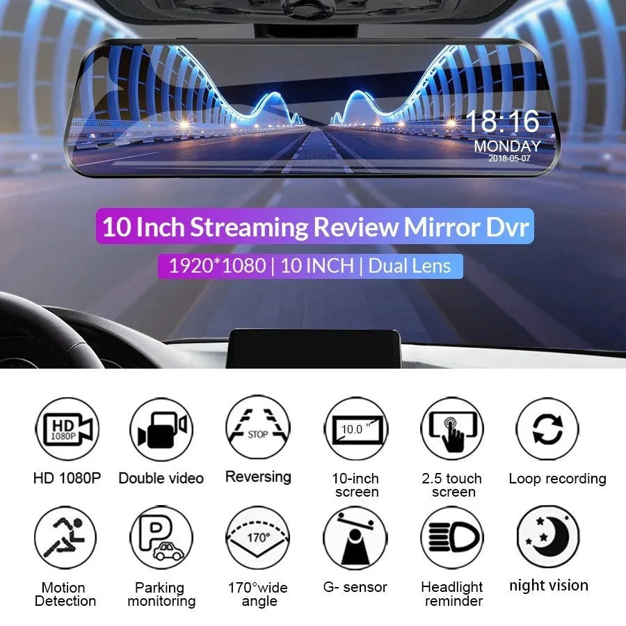 Car rearview mirror camera with 9.88 inch touch screen and motion detection placed over vehicle mirror