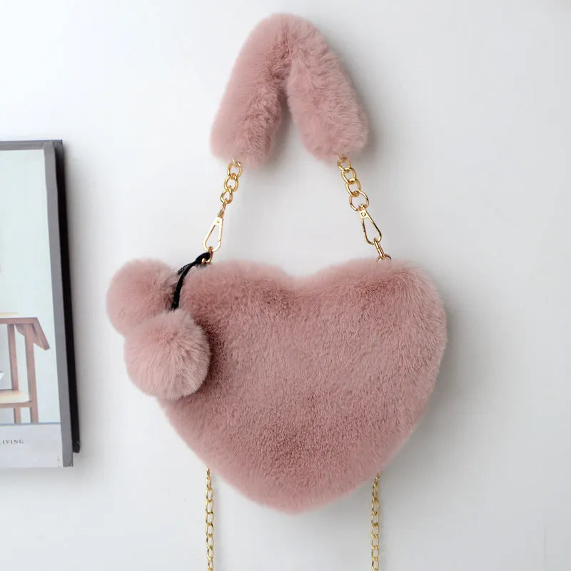 Heart-shaped plush women's handbag with single shoulder strap in Valentine's Day style