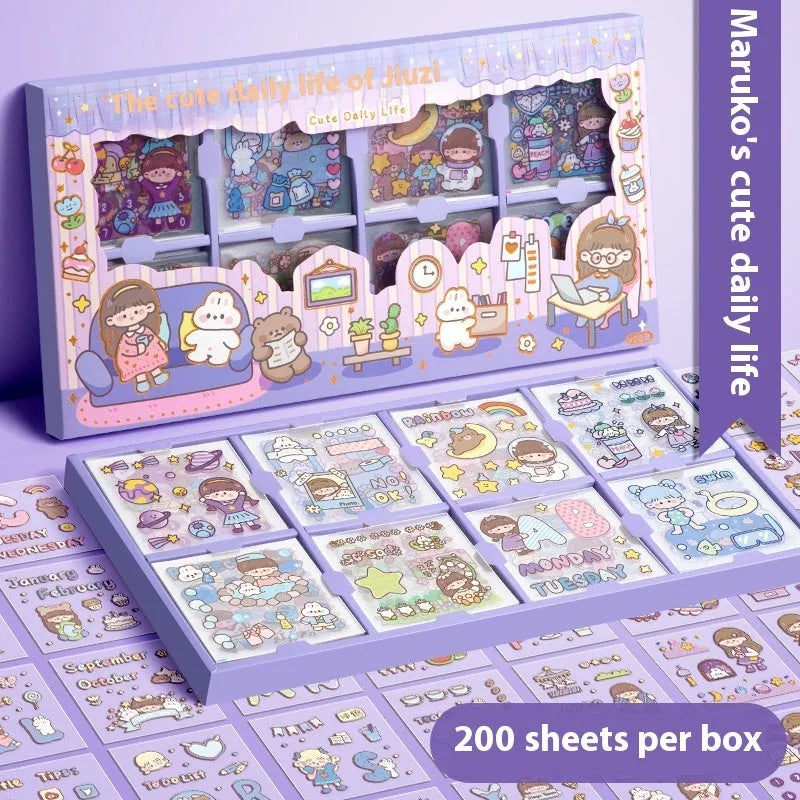 Box of children's stickers showing 5 design themes: meatball, peach tea, stars, and nini patterns