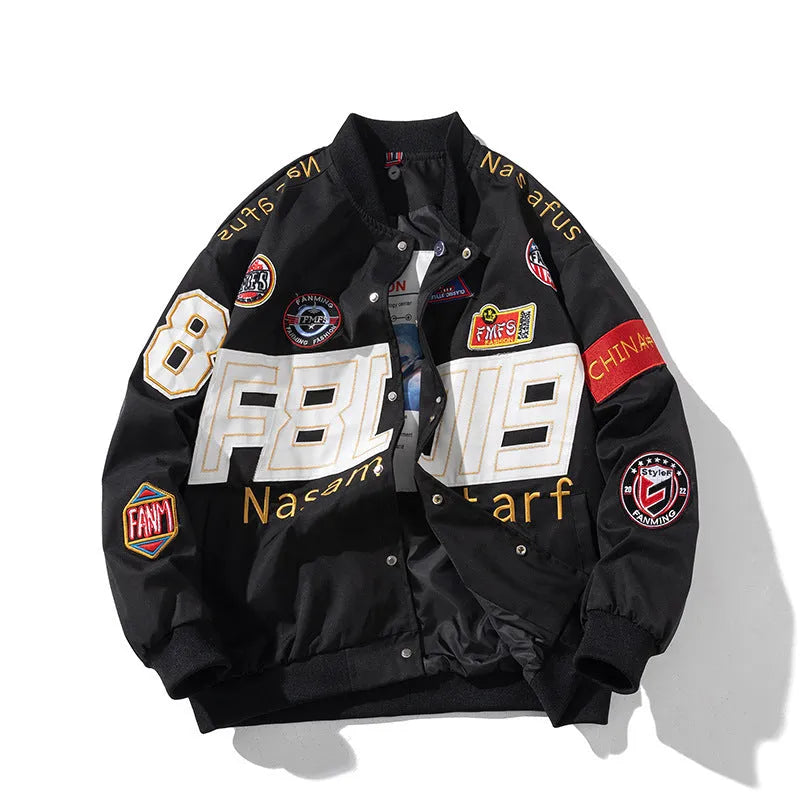 Black American motorcycle baseball uniform jacket with side pockets and removable hood