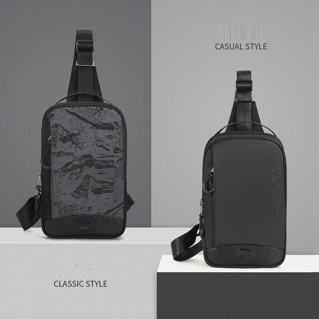 Casual black TPU chest bag with square vertical shape, single shoulder strap, and landscape pattern design