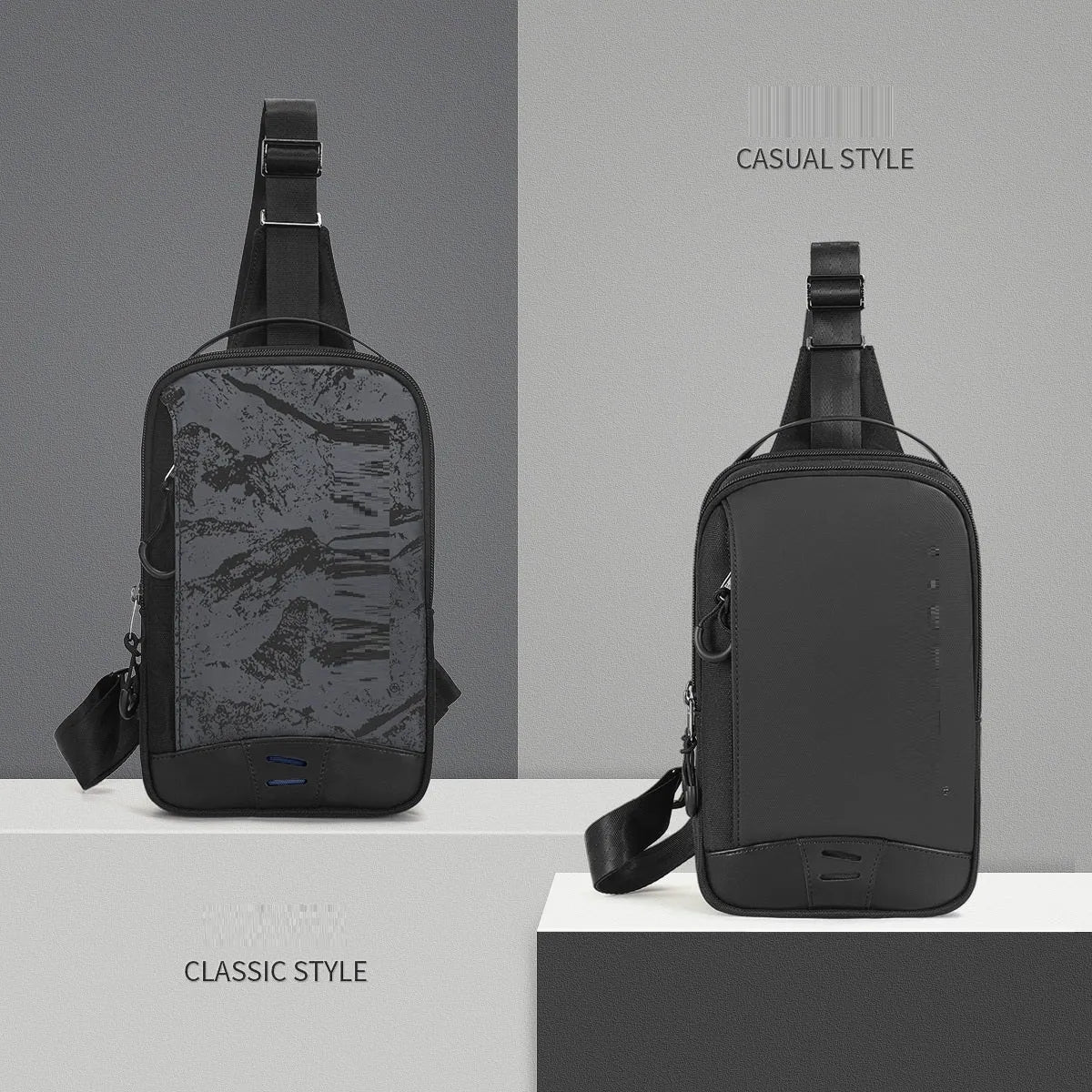 Casual black TPU chest bag with square vertical shape, single shoulder strap, and landscape pattern design