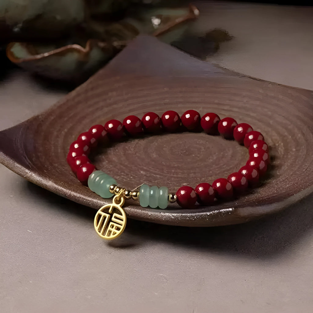 Handmade wave-shaped cinnabar and copper bead bracelet in national style design