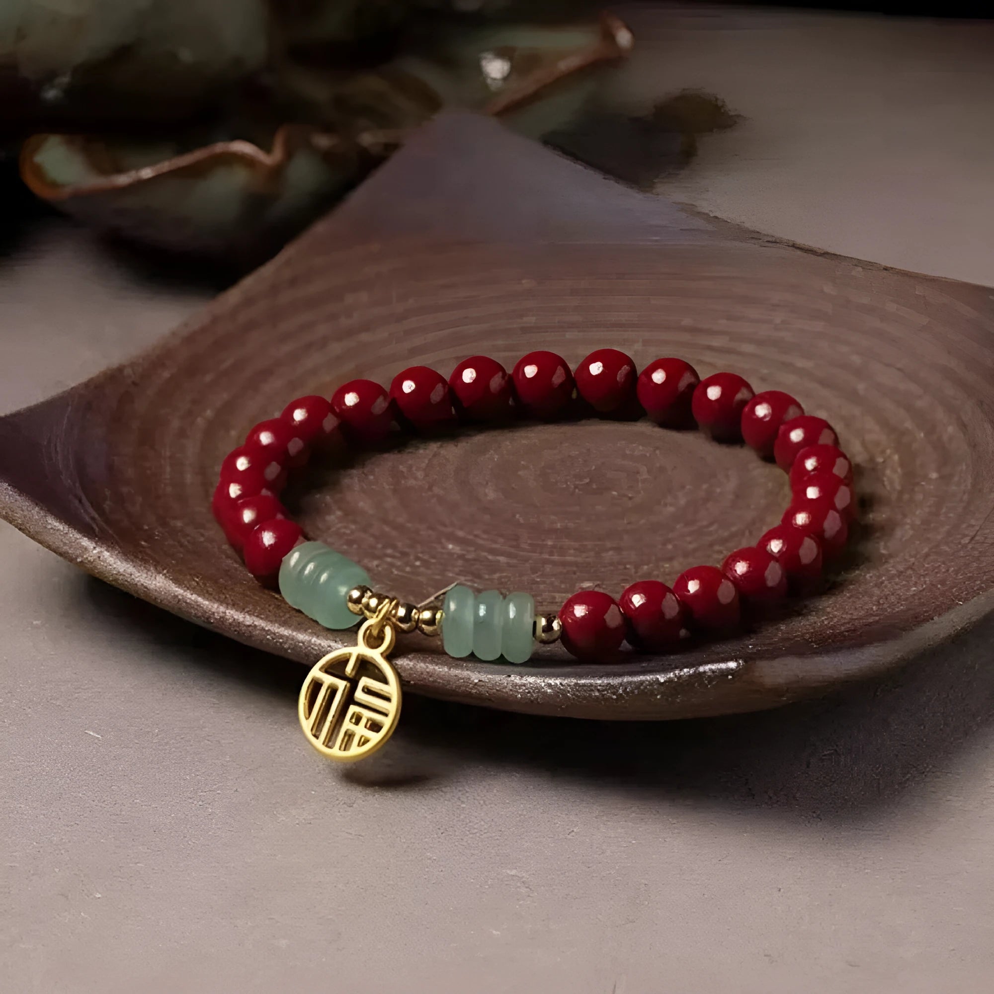 Handmade wave-shaped cinnabar and copper bead bracelet in national style design