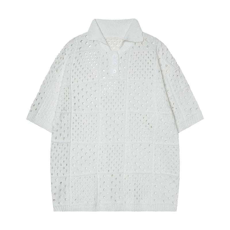 Solid colour hollow knit short sleeve polo shirt in loose fit design