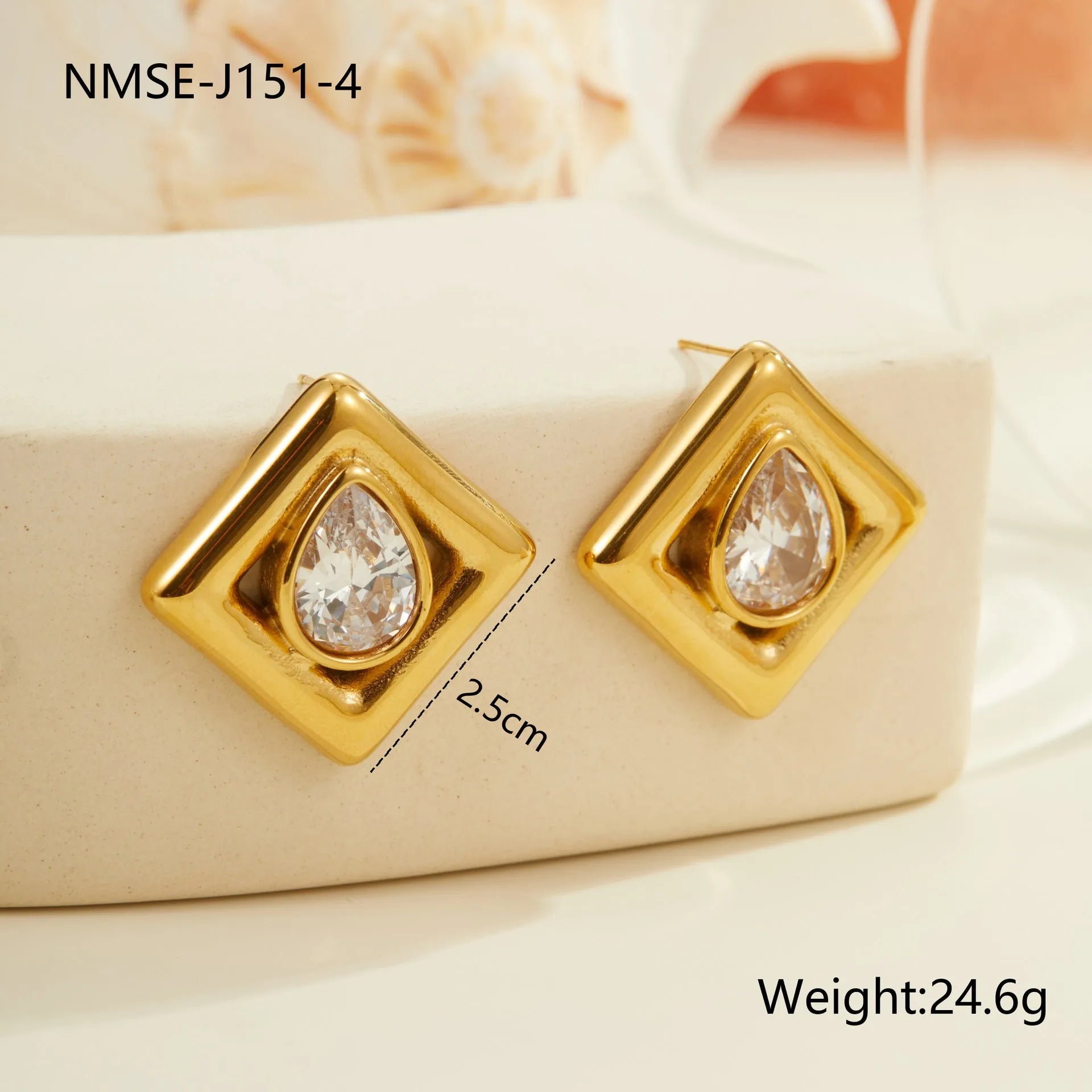 Geometric stud earrings with water drop zircon stones in gold electroplated stainless steel
