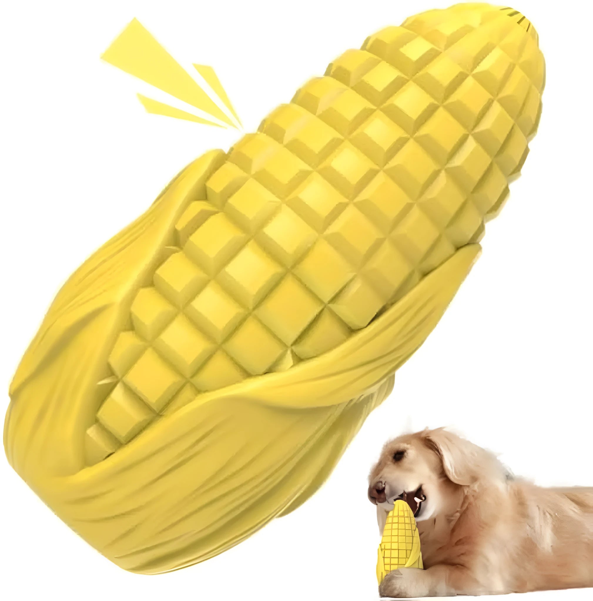 Blue corn-shaped dog chew toy with textured surface and grooves for medium to large breed dogs