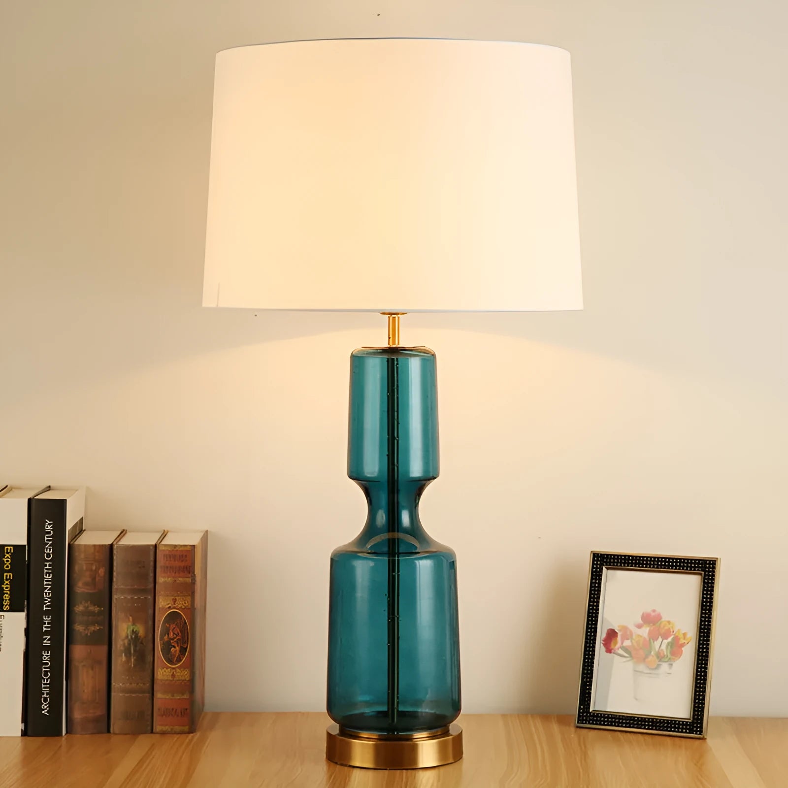 Simple glass art table lamp in blue-green large 76x38cm on a living room side table