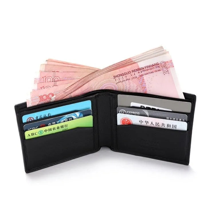 Short genuine cowhide leather wallet with pearl fishskin grain, horizontal square shape, and visible sewing thread stitching