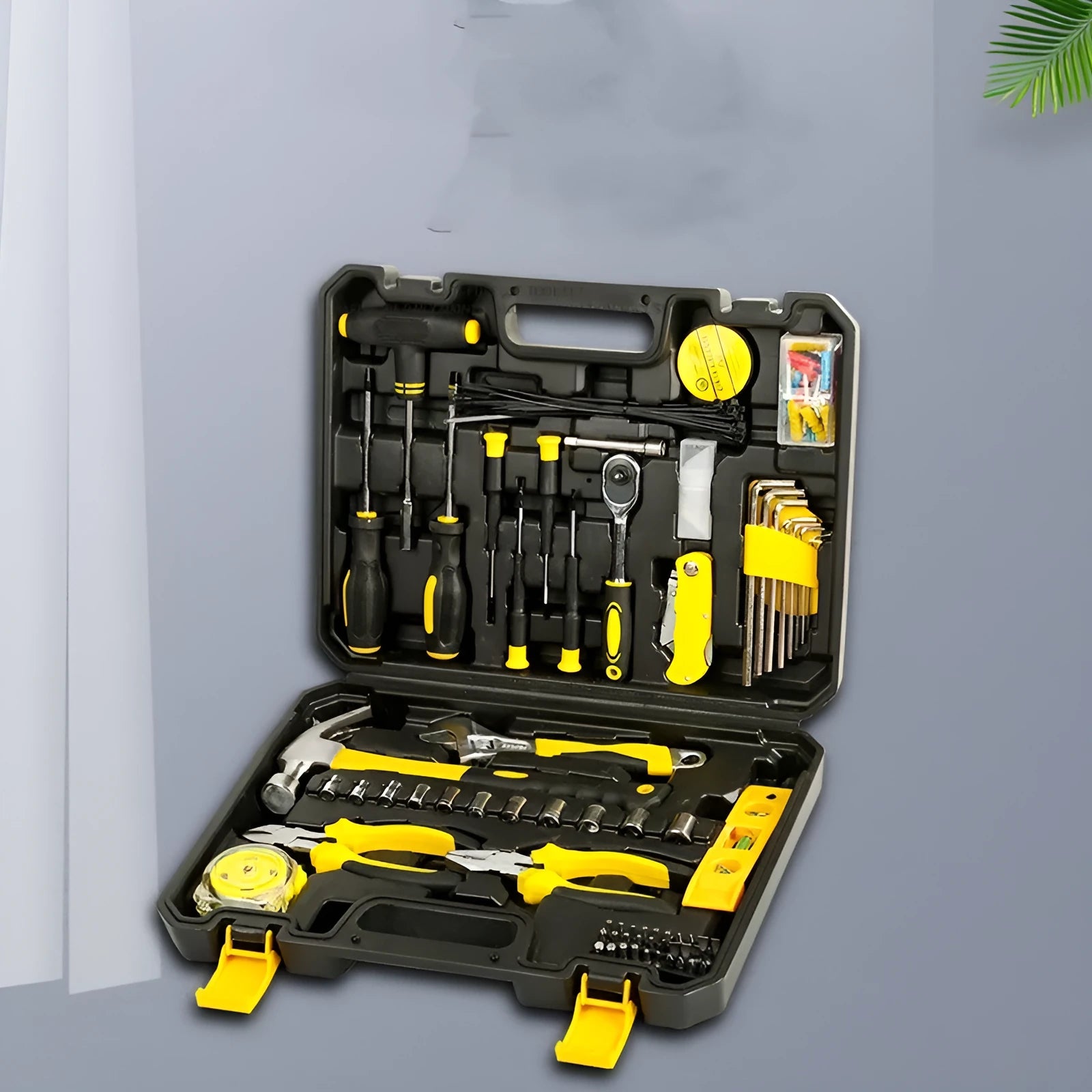 108 piece carbon steel hand tool set in a case with sockets, wrenches, screwdrivers, pliers, and hammer