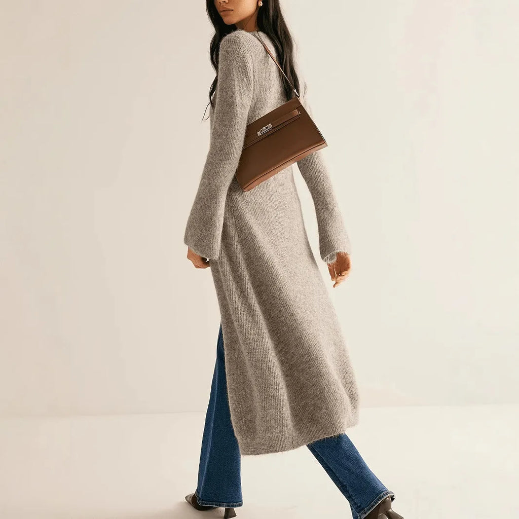 Khaki French style long sleeve cardigan coat with button front closure