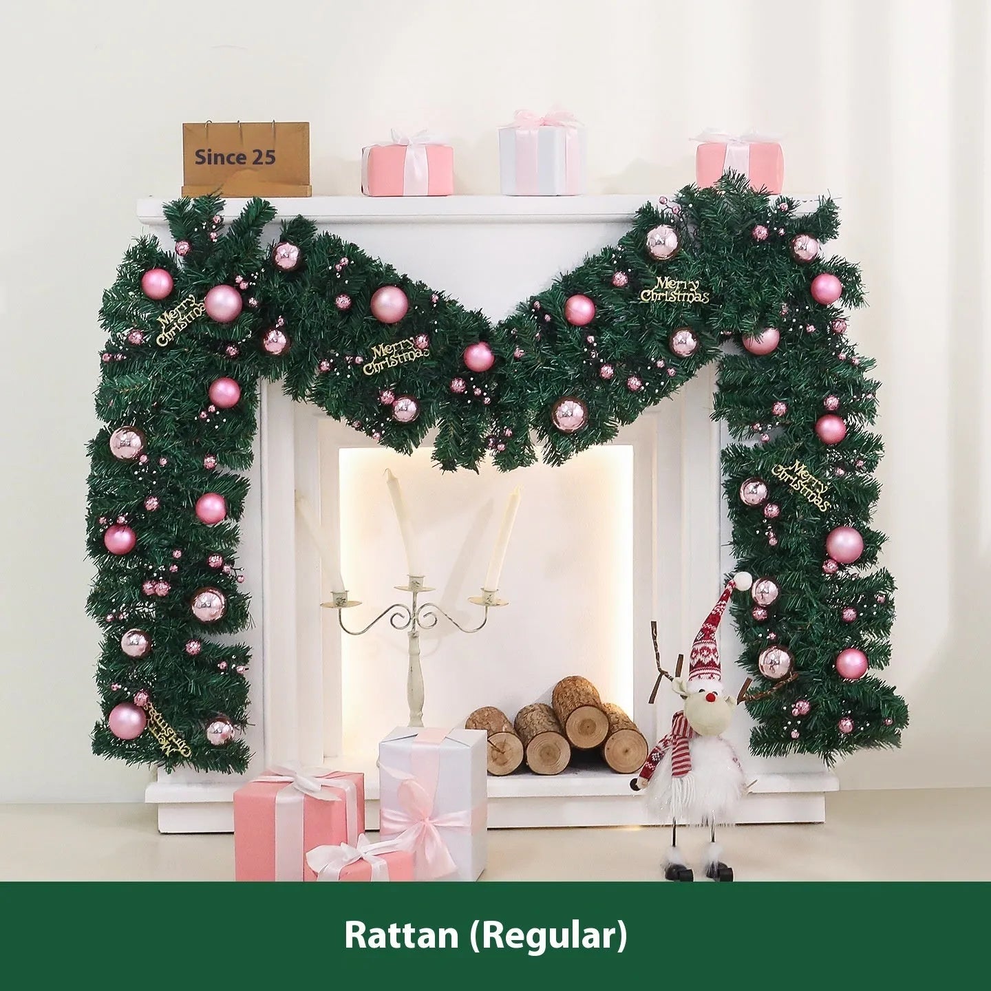 Pink artificial Christmas rattan vine decoration measuring 2.7 metres long with 240 decorative heads