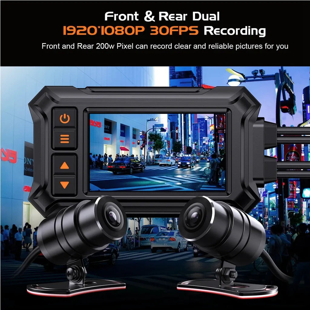 Motorcycle dash cam with 3 inch display and dual waterproof lenses for front and rear recording