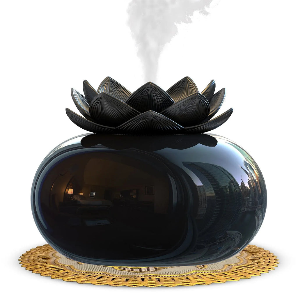 Pure black round Lotus aromatherapy humidifier with USB port and ceramic finish.