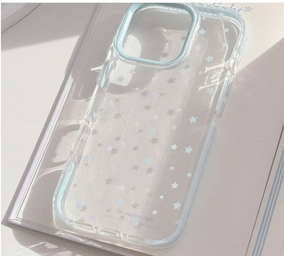 Blue stars drop-resistant TPU phone case for iPhone with transparent back and blue edge