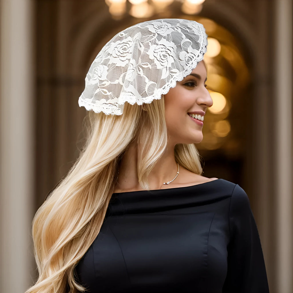 Round white bridal head cover with floral decoration measuring 30cm