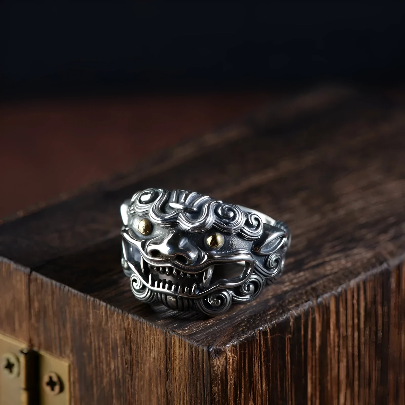 Silver open ring with detailed jibeast animal zodiac pattern showing adjustable retro design