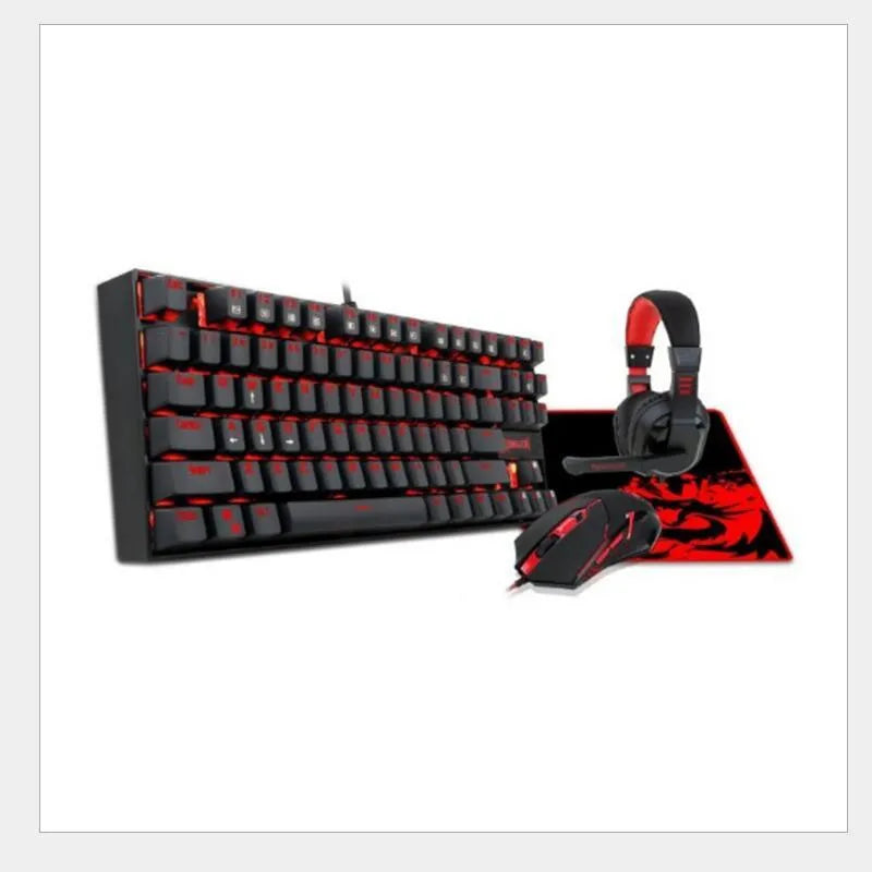 Monochrome wired mechanical gaming keyboard set with green axis switches, mouse, mouse pad, and headphones in coordinated black