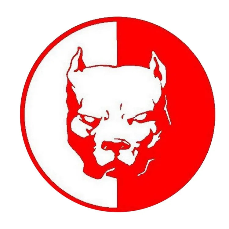 Reflective car sticker with a superhero bulldog dog design, shown in black, red, and white colour options.