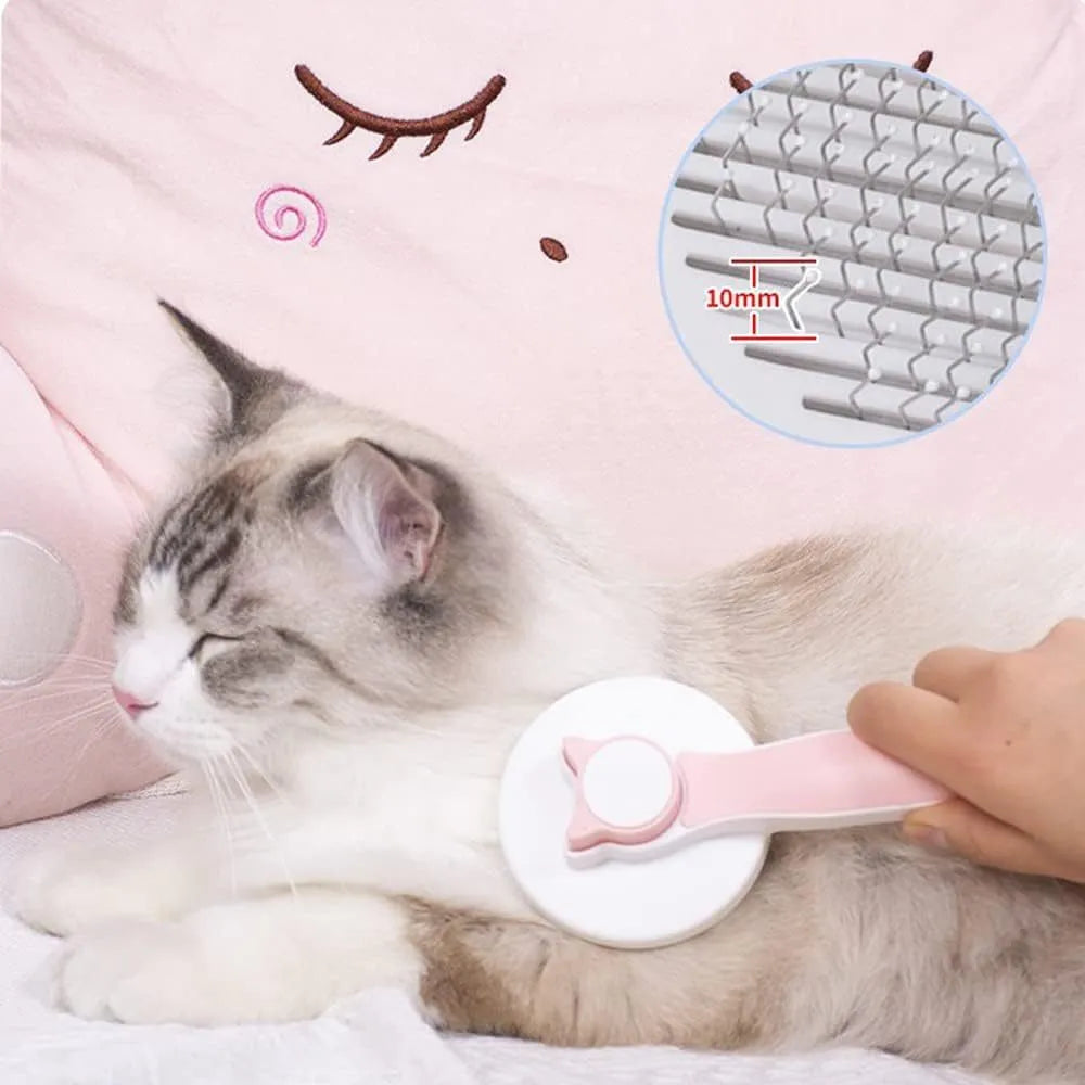 Self-cleaning cat brush with one-touch button for fur removal, available in blue grey pink colours