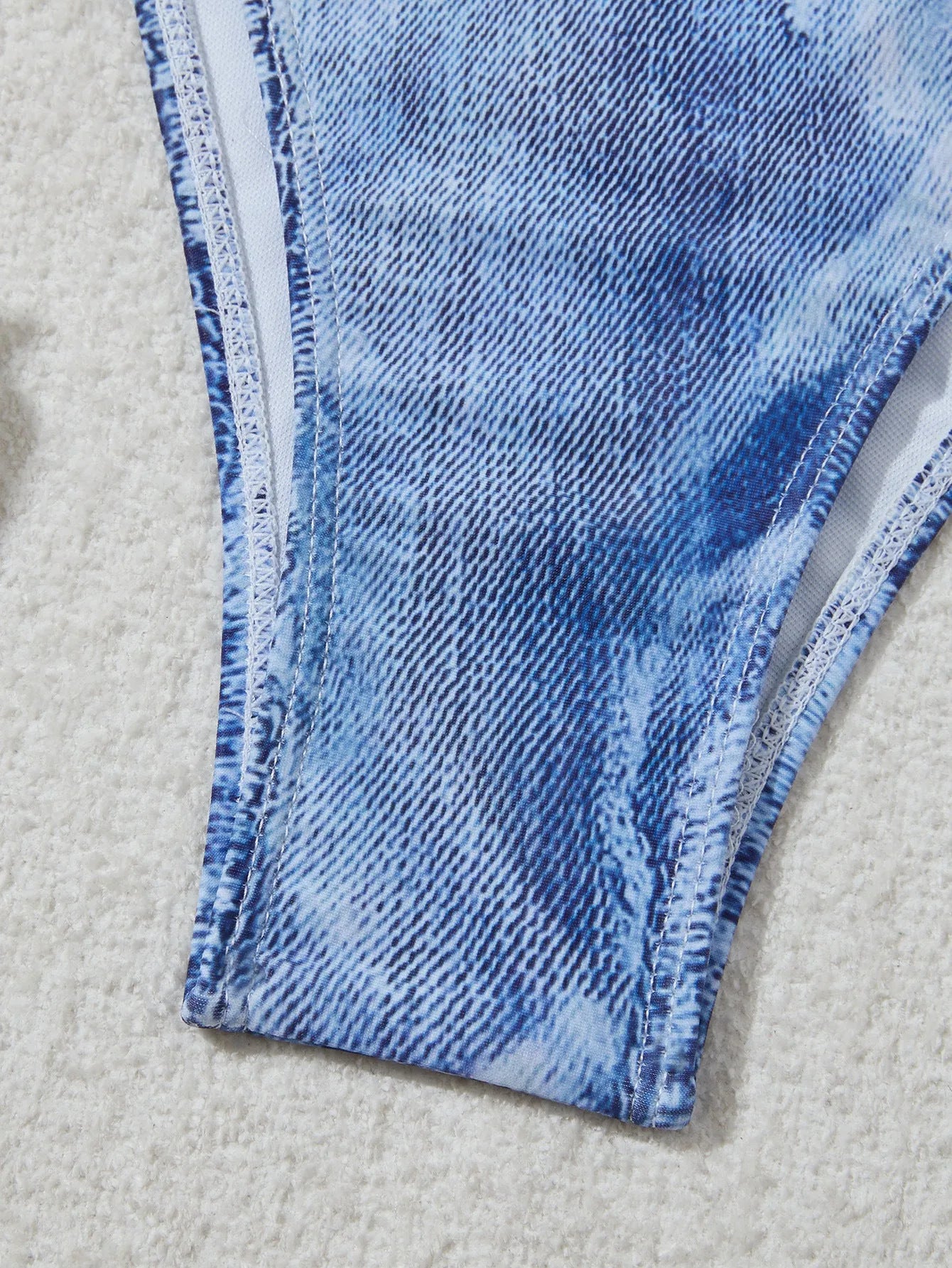 Women's denim blue printed bikini with strap design showing front and back views
