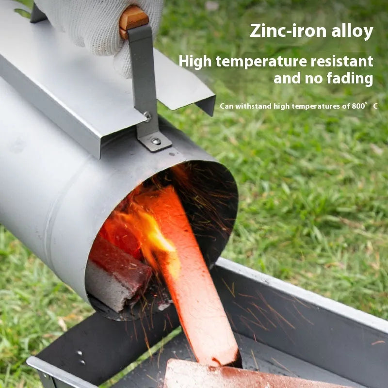 Zinc-iron alloy outdoor charcoal fire starter with carbon bucket design and igniter.