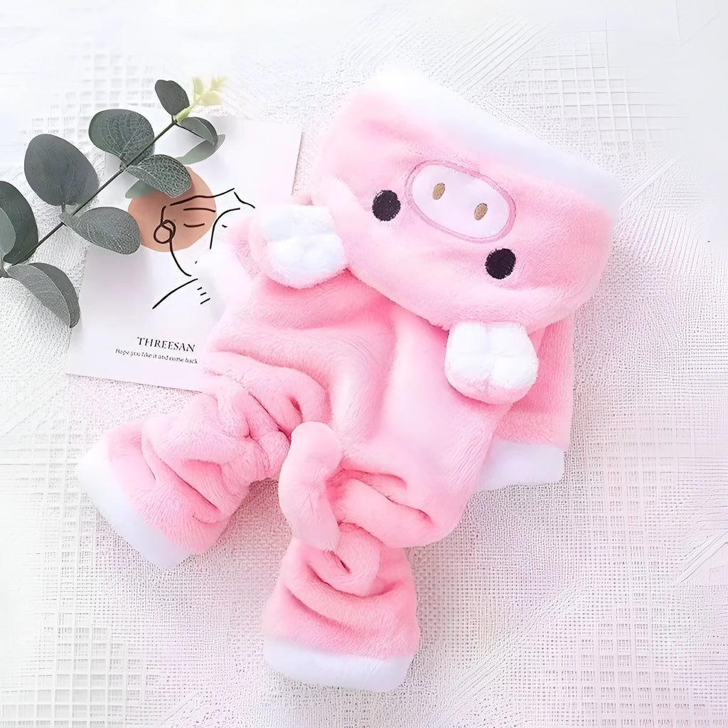 Fleece-lined thermal coral fleece pig pet costume for cats and small dogs, cartoon style, available in six sizes