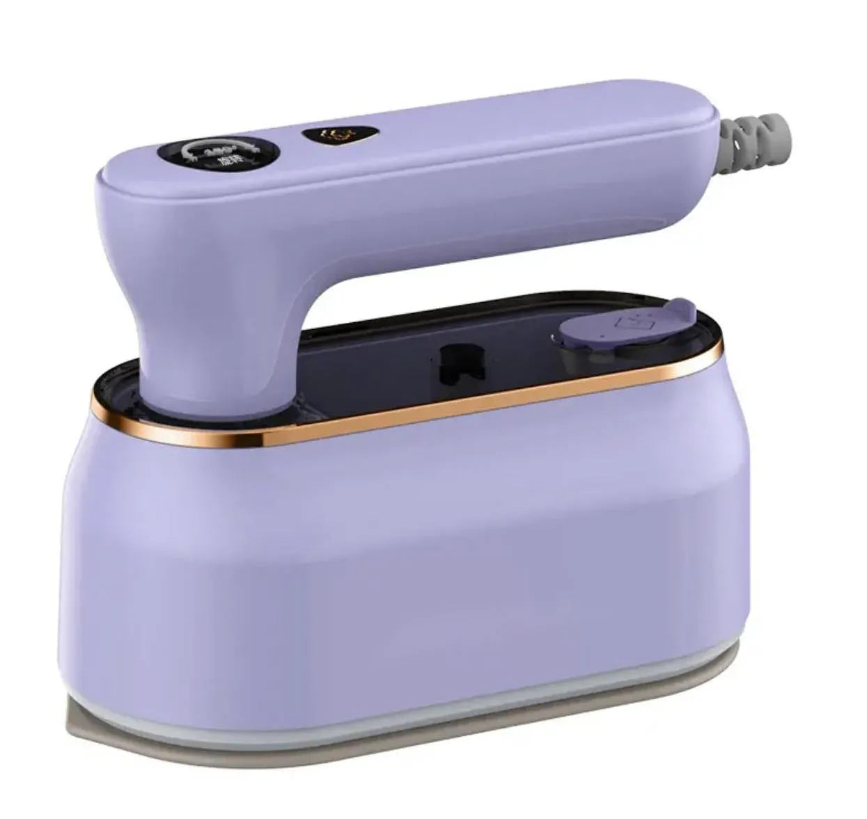 Light purple foldable portable travel iron with a ceramic soleplate and UK plug on a white background.