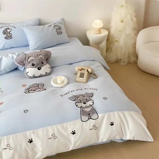 Cartoon Schnauzer embroidered cotton bedding set showing quilt cover, flat sheet and pillowcases