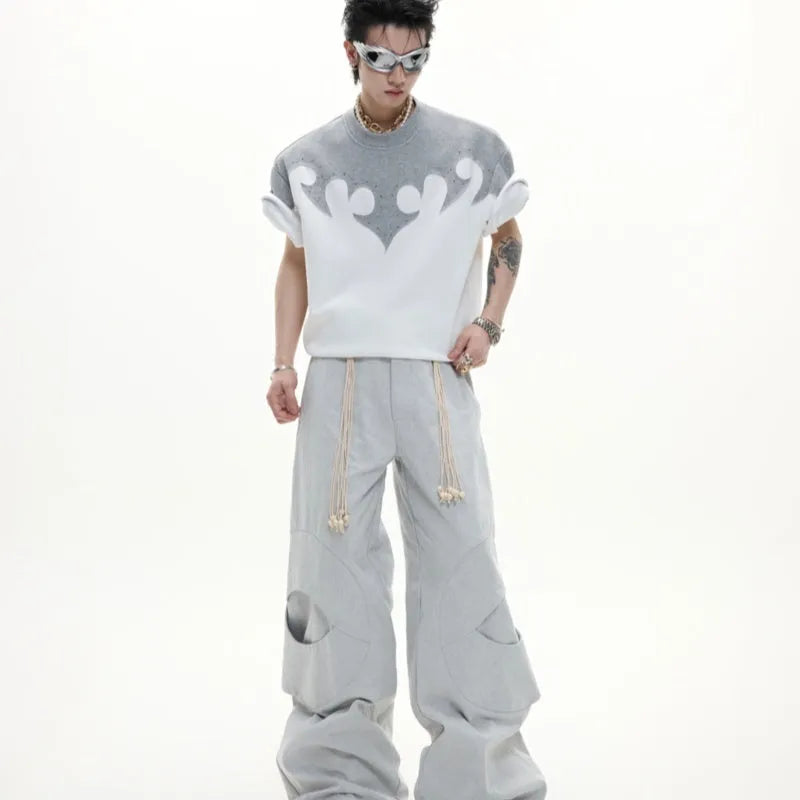 Men's grey cotton shirt with burnt flower embroidery and rhinestone details on the front.
