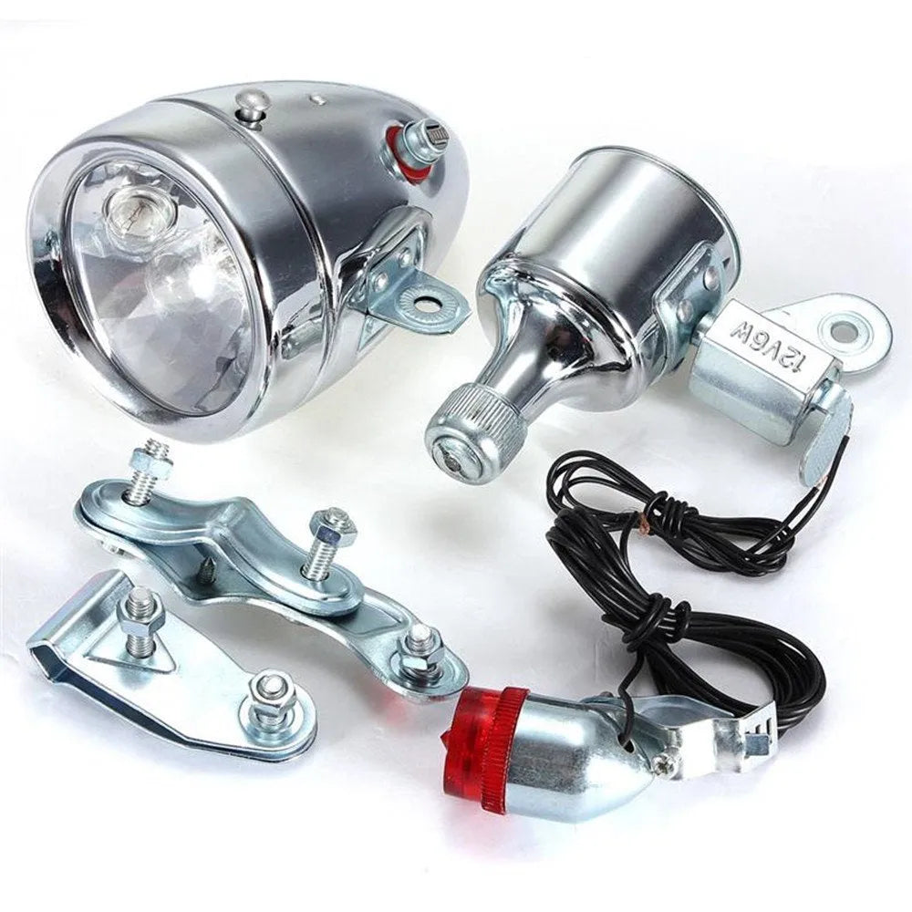 Silver bicycle dynamo generator light modification set for front fork or frame mounting