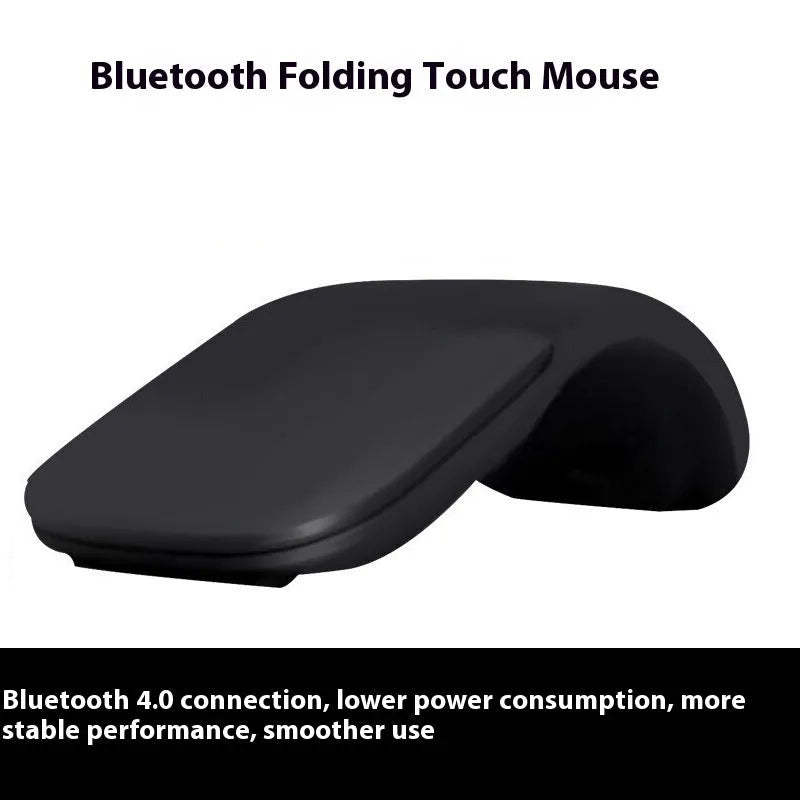 Folding wireless Bluetooth mouse shown in both extended and collapsed positions with touch surface visible
