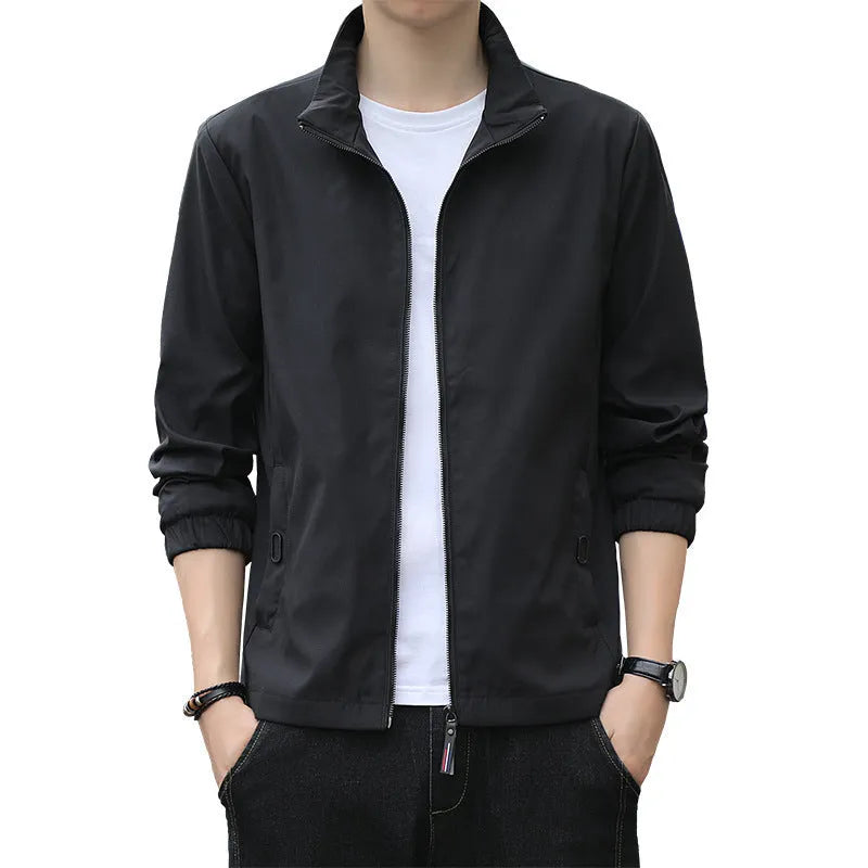 Korean-style loose fit lapel jacket for men in a blue colour, shown with zipper and pocket details.
