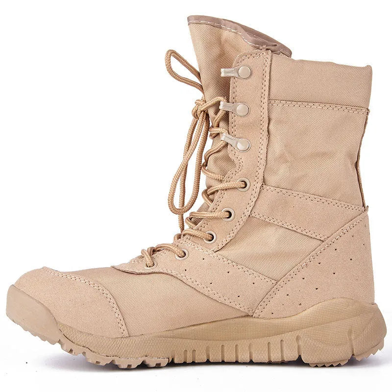 Yulong summer tactical desert combat boots in black and sand colour, shown on a rocky outdoor surface.