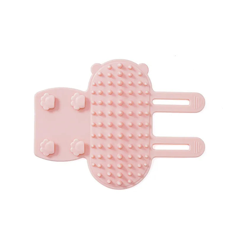 Adjustable silicone cat scratching brush mounted on table leg with rounded comb teeth for grooming