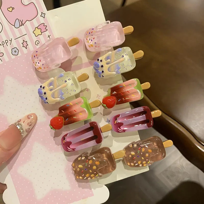 Cartoon ice cream design resin hair barrette in sweet girl style colours with side clip