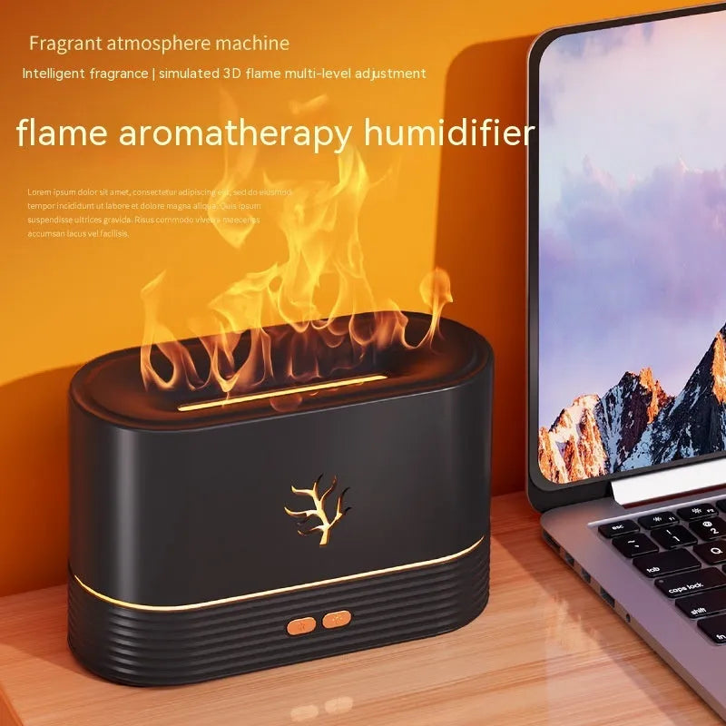 White USB flame humidifier with LED fire effect and square design on a wooden table