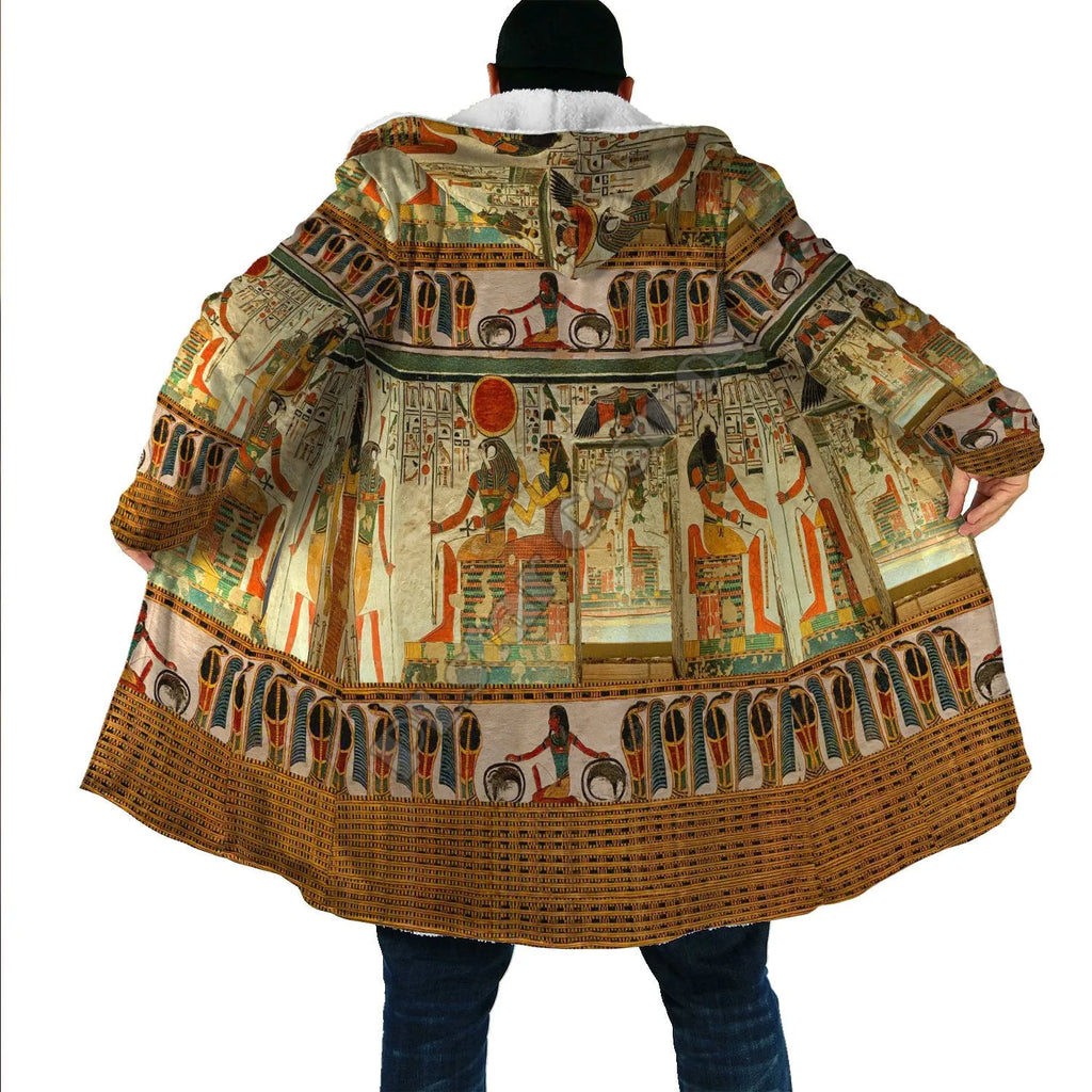 Men's fleece-lined thick windbreaker with 3D digital tattoo print hooded winter coat in loose fit