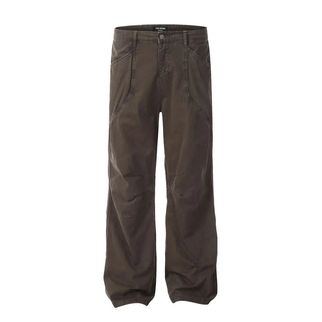 Men's brown straight-leg cotton trousers with high waist and zipper fly closure