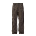 Men's brown straight-leg cotton trousers with high waist and zipper fly closure