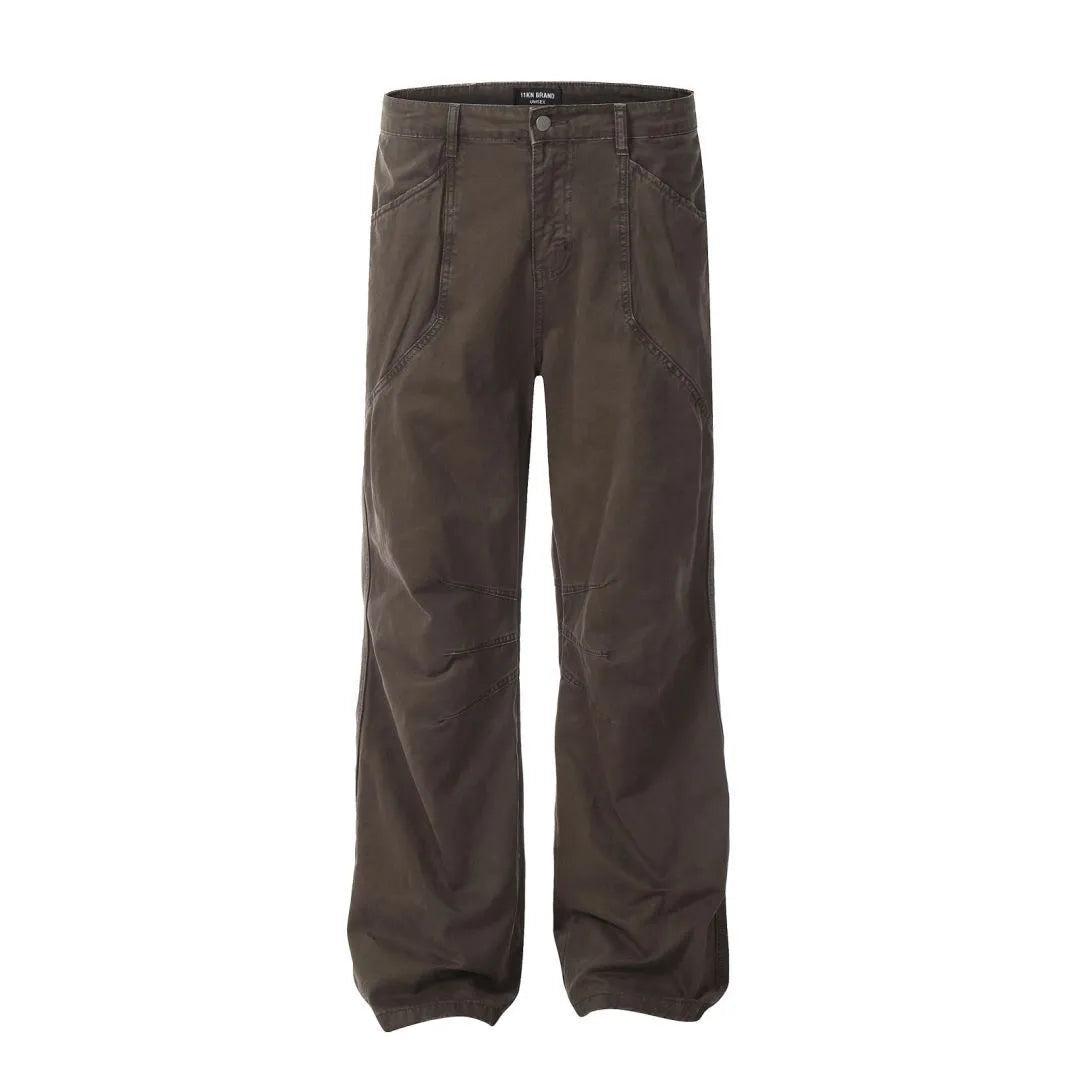 Men's brown straight-leg cotton trousers with high waist and zipper fly closure