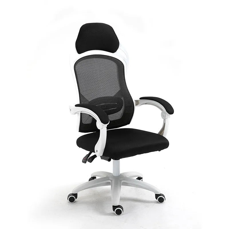 Ergonomic computer gaming chair with black frame, footrest, linkage armrests, and nylon wheels on a hard floor.