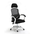Ergonomic computer gaming chair with black frame, footrest, linkage armrests, and nylon wheels on a hard floor.