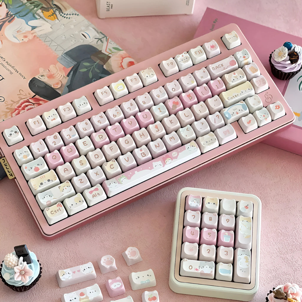 Meow Meow Team Height themed full set of 141 sublimation printed plastic keycaps for mechanical keyboards.