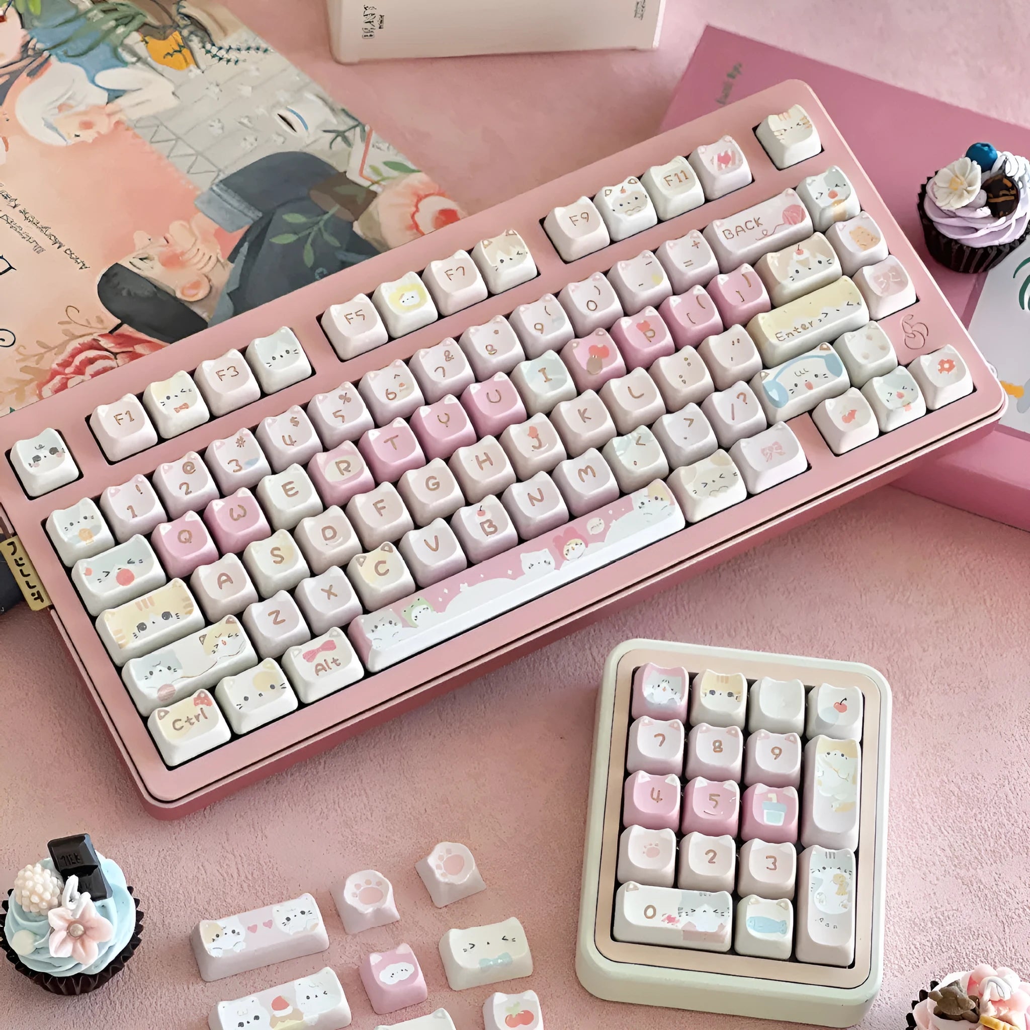 Meow Meow Team Height themed full set of 141 sublimation printed plastic keycaps for mechanical keyboards.