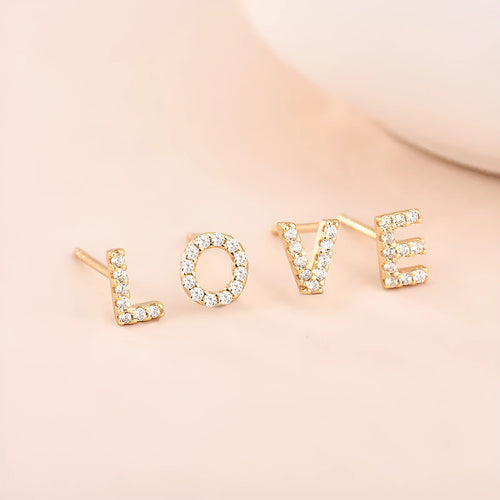 Brass gold plated alphabet letter earrings with zircon accents showing English letters A to Z options