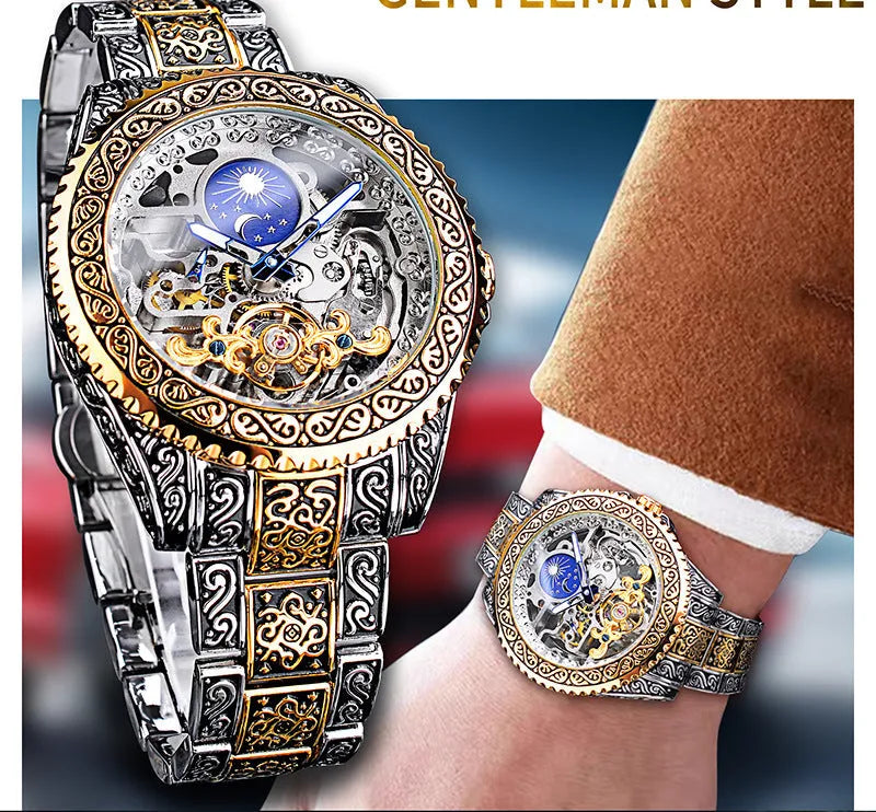 Forsining yellow gold tone skeleton tourbillon mechanical watch with automatic movement