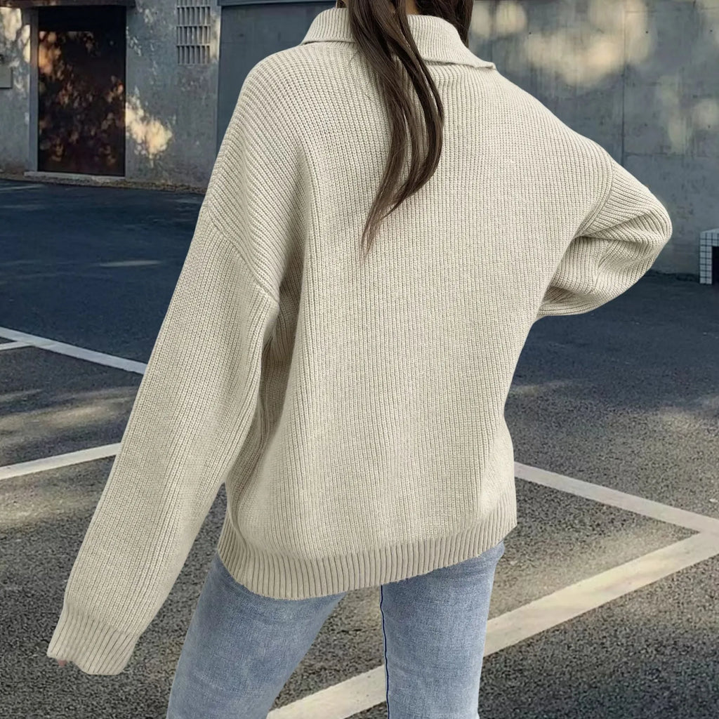 Women's light khaki alpaca wool pullover sweater with retro turtleneck and oblique zipper.