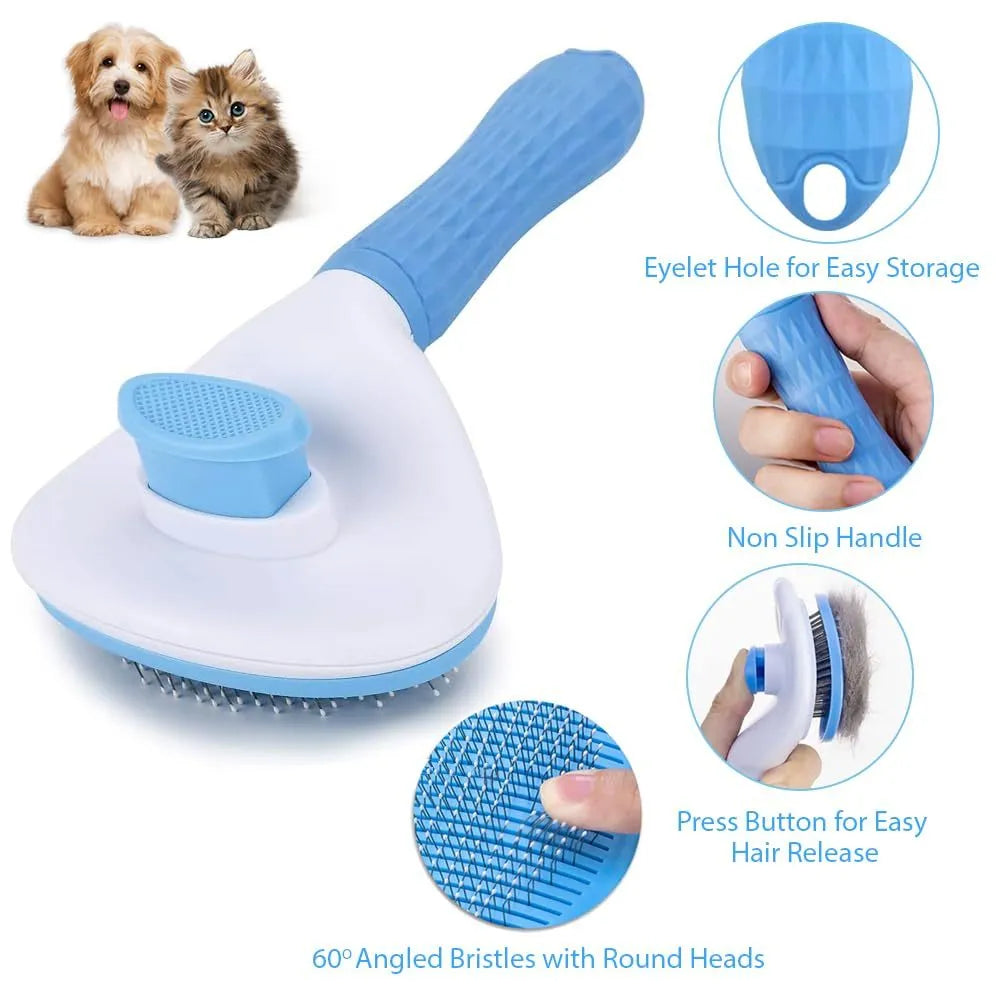 Blue cat grooming brush with release button for removing loose fur and tangles.