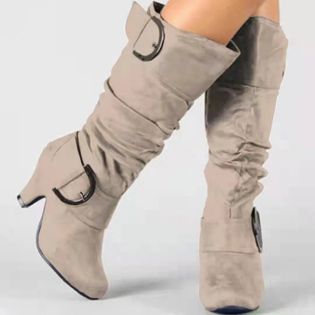 Women's brushed velvet suede high cylinder boots in solid colour with tapered heel and round toe
